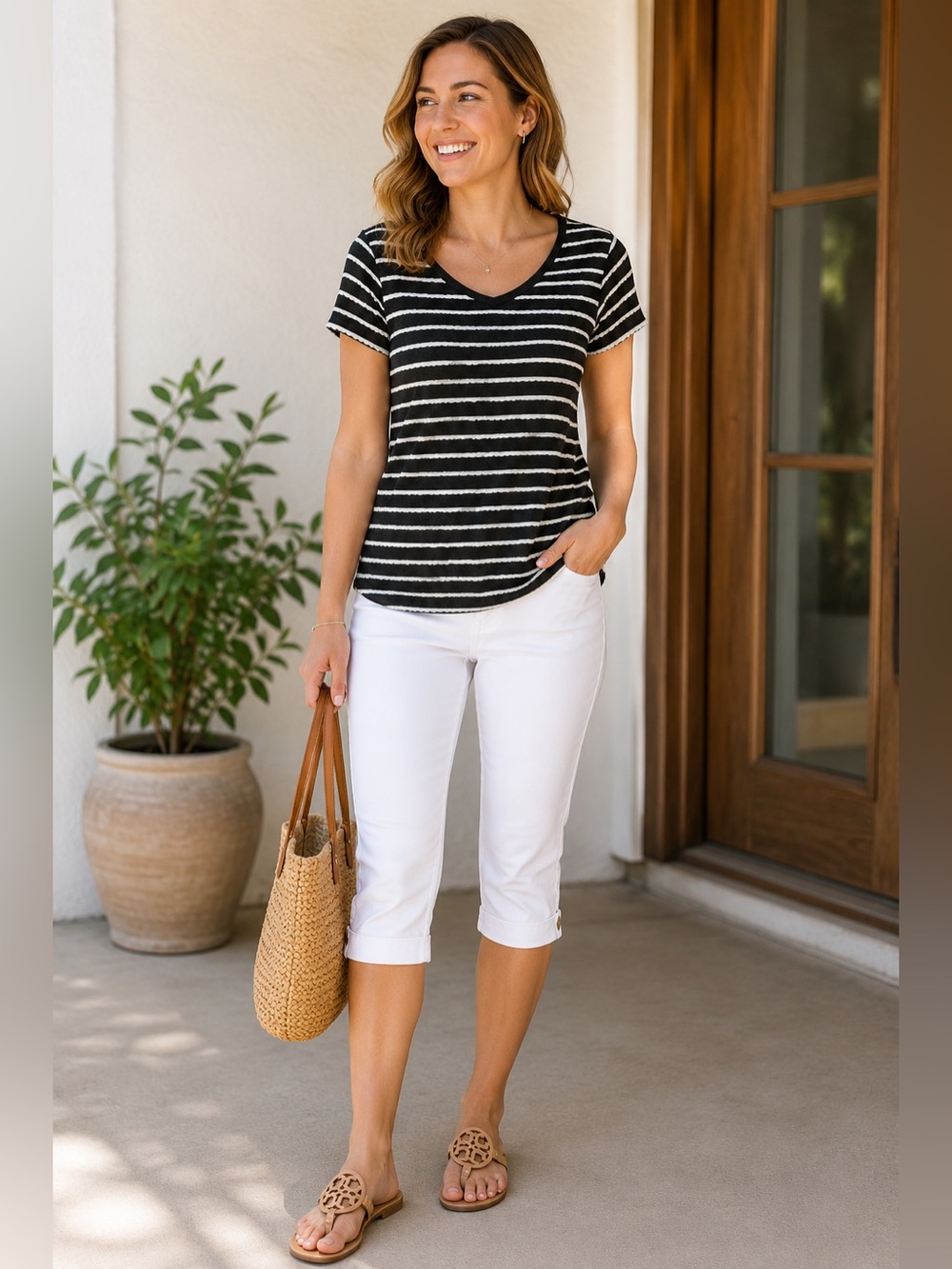 ModCloth Large Textured GrayWhite Short Sleeve Neutral Tee Neutral Lightweight